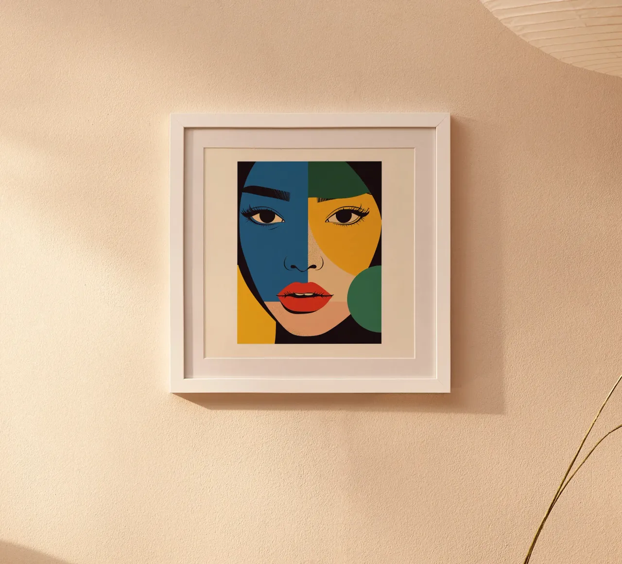 Art moderne Portrait géométrique coloré du visage d'une femme poster avec cadre en bois de DesignDoodle