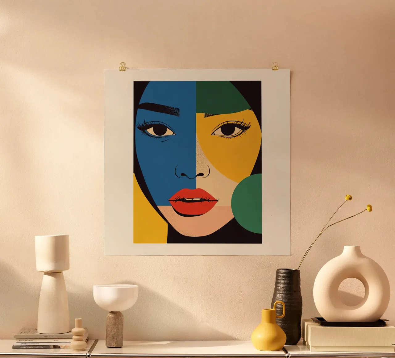 Art moderne Portrait géométrique coloré du visage d'une femme poster avec cadre en bois de DesignDoodle