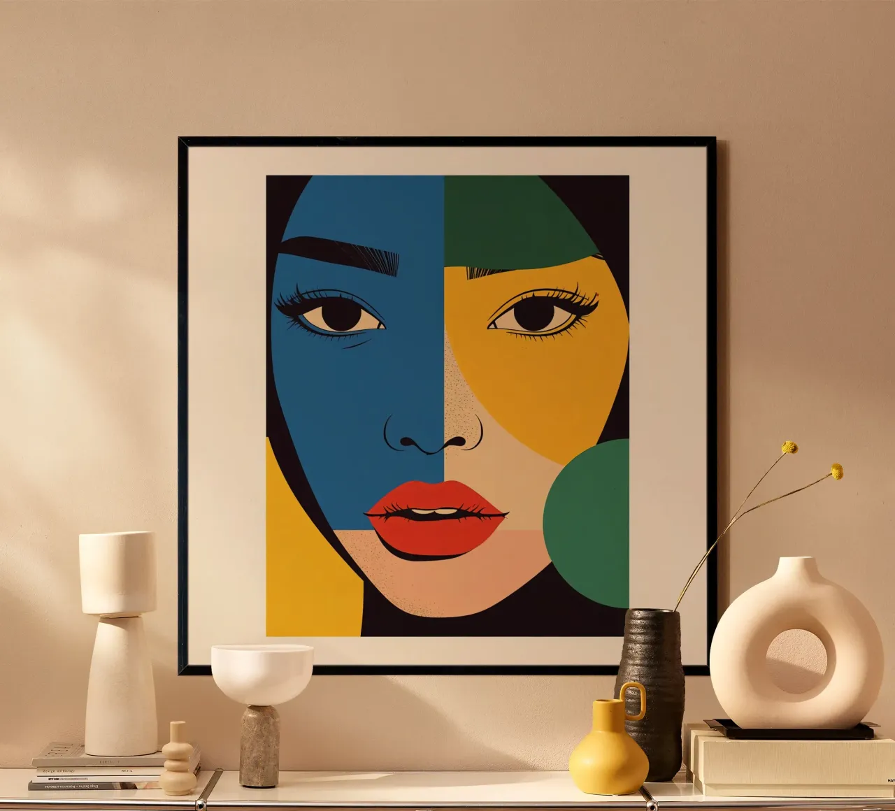 Art moderne Portrait géométrique coloré du visage d'une femme poster avec cadre en bois de DesignDoodle
