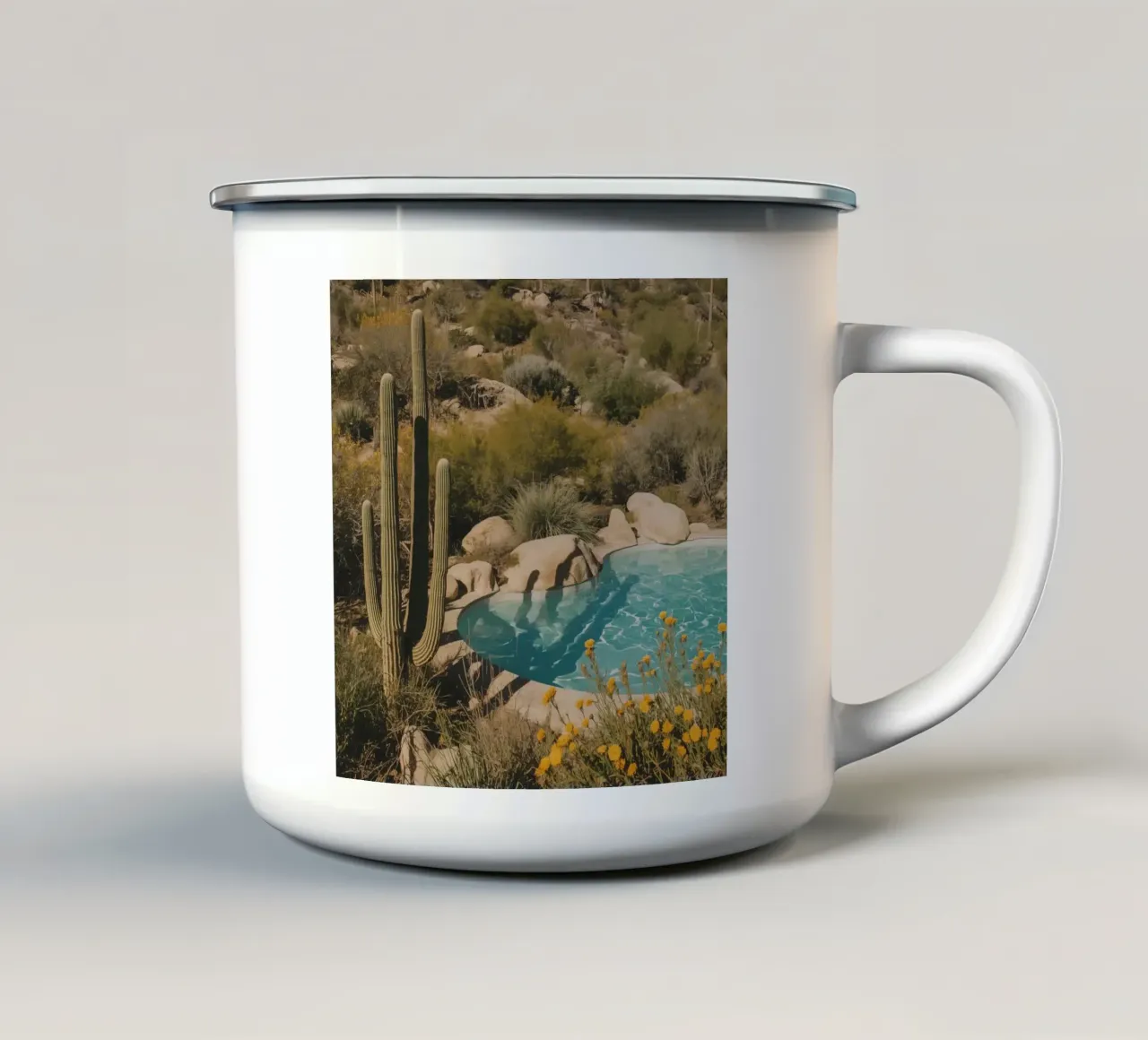 Paesaggio desertico con saguari e piscina tazza in smalto da DesignDoodle