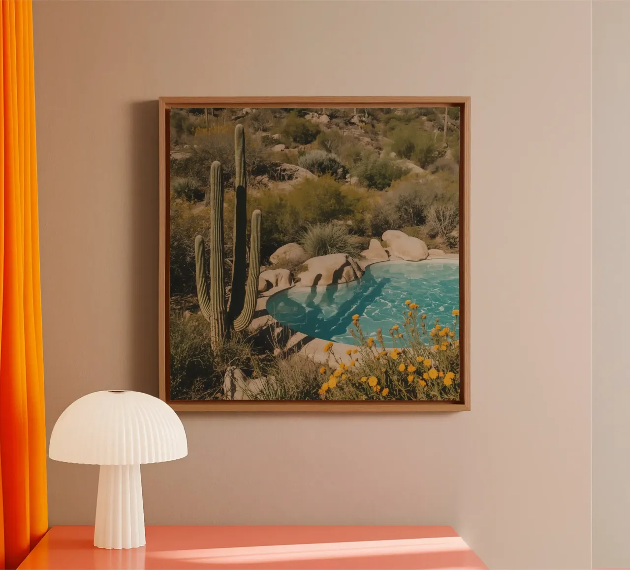 Paesaggio desertico con saguari e piscina tela con Cornice a cassetta da DesignDoodle