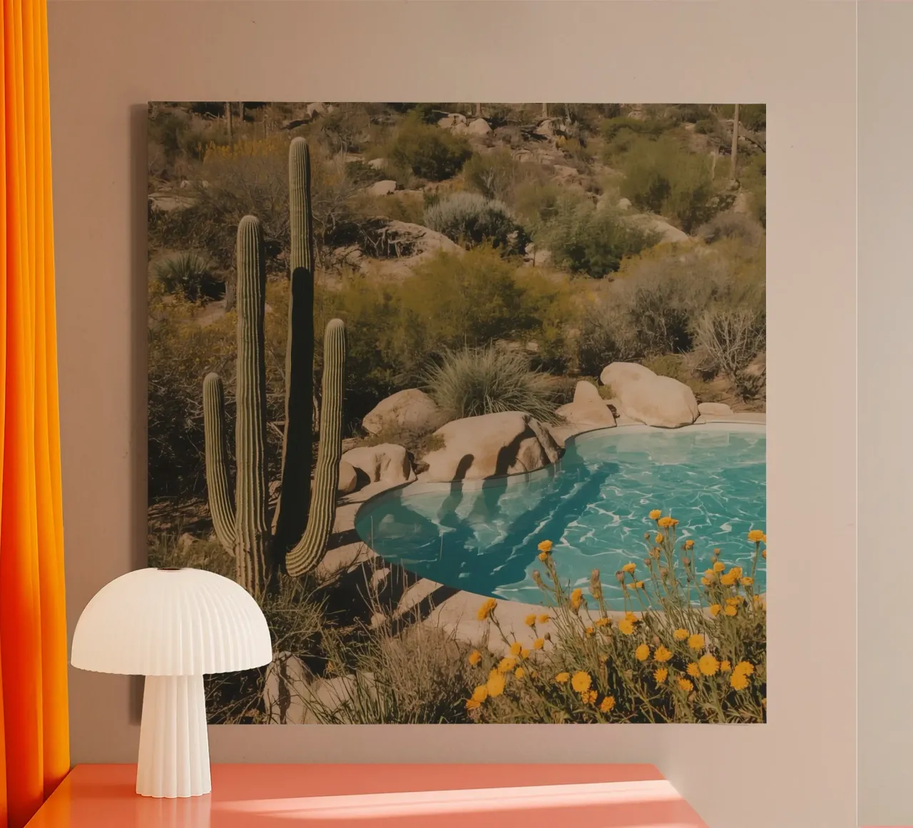 Paesaggio desertico con saguari e piscina tela con Cornice a cassetta da DesignDoodle