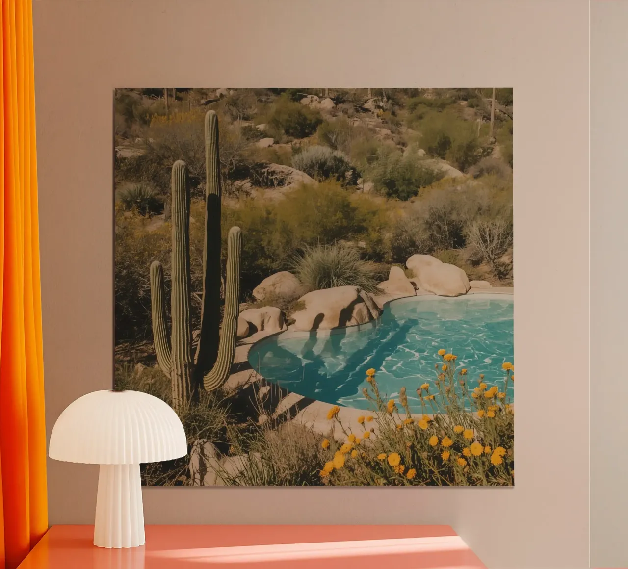Paesaggio desertico con saguari e piscina poster con telaio in plastica da DesignDoodle
