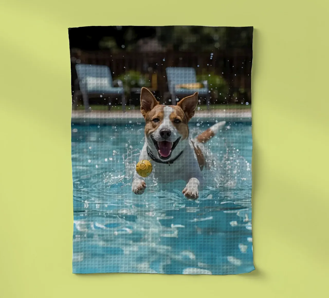 Chien nageant dans une piscine avec une balle torchon de DesignDoodle