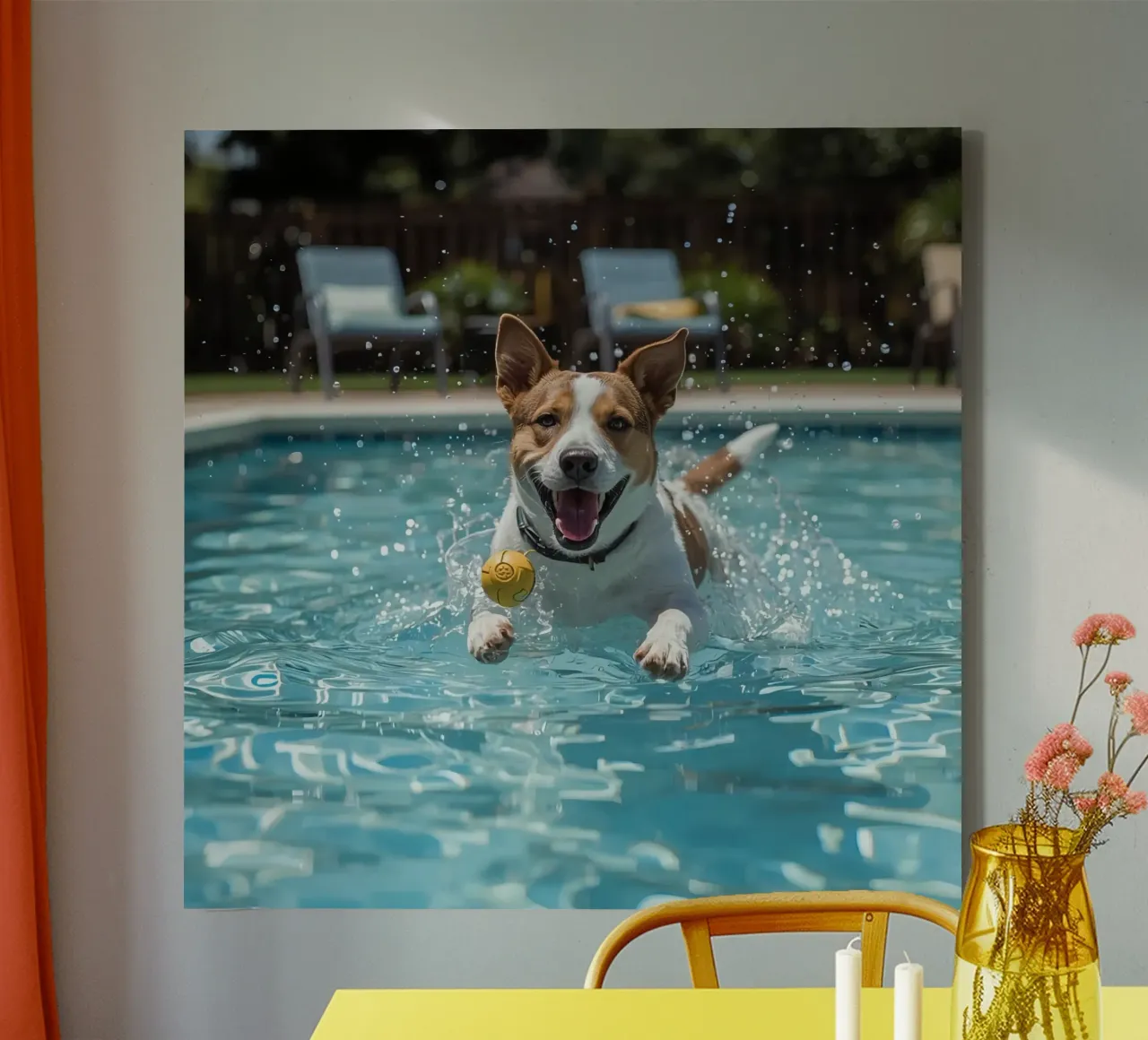 Dog Swimming in Pool with Ball canvas with Floater frame by DesignDoodle