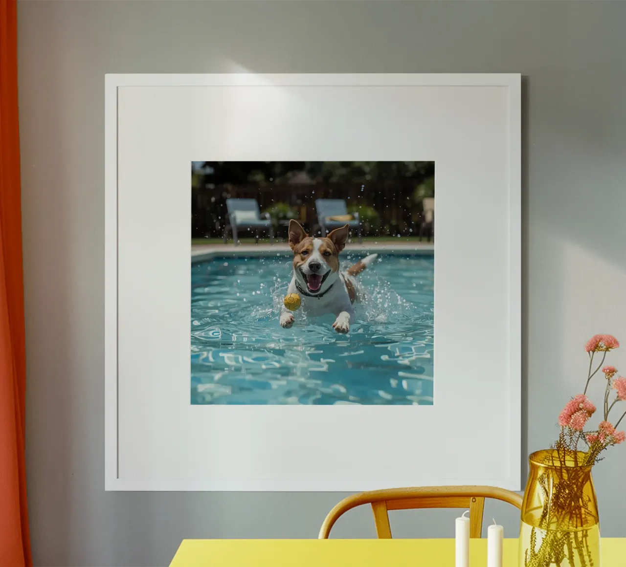 Chien nageant dans une piscine avec une balle poster avec cadre en plastique de DesignDoodle