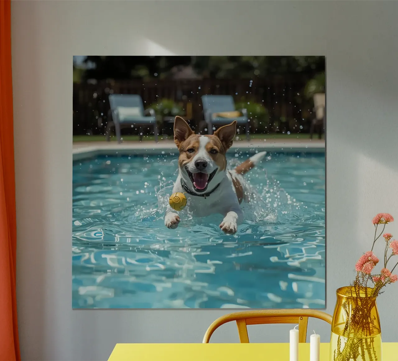 Chien nageant dans une piscine avec une balle poster avec cadre en plastique de DesignDoodle