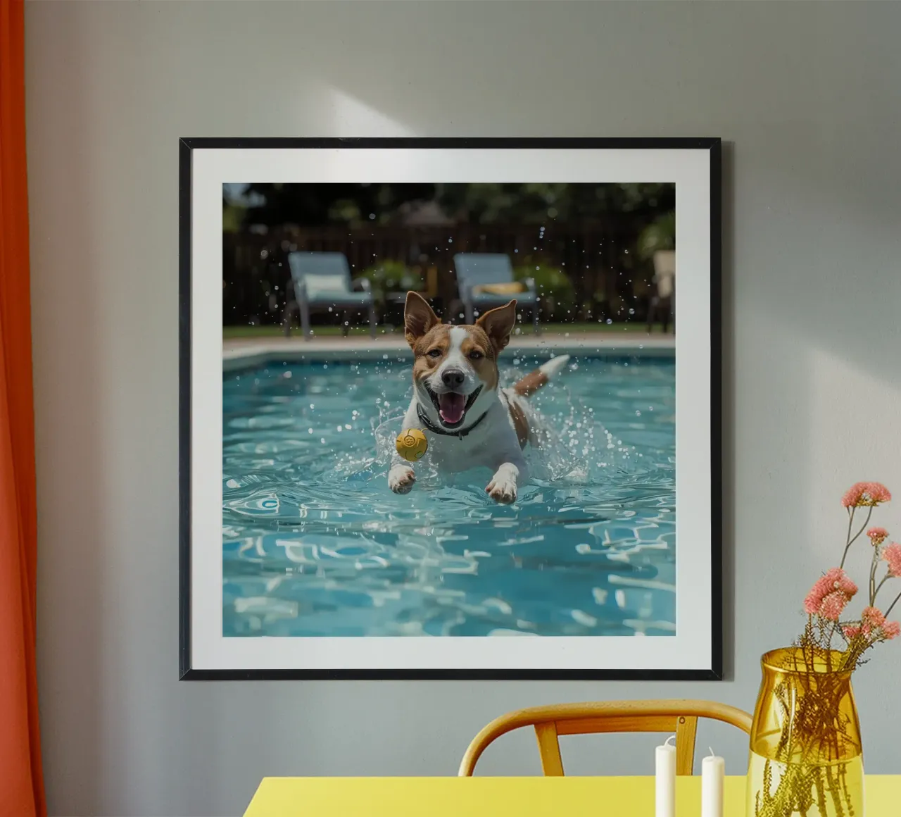 Chien nageant dans une piscine avec une balle poster avec cadre en plastique de DesignDoodle