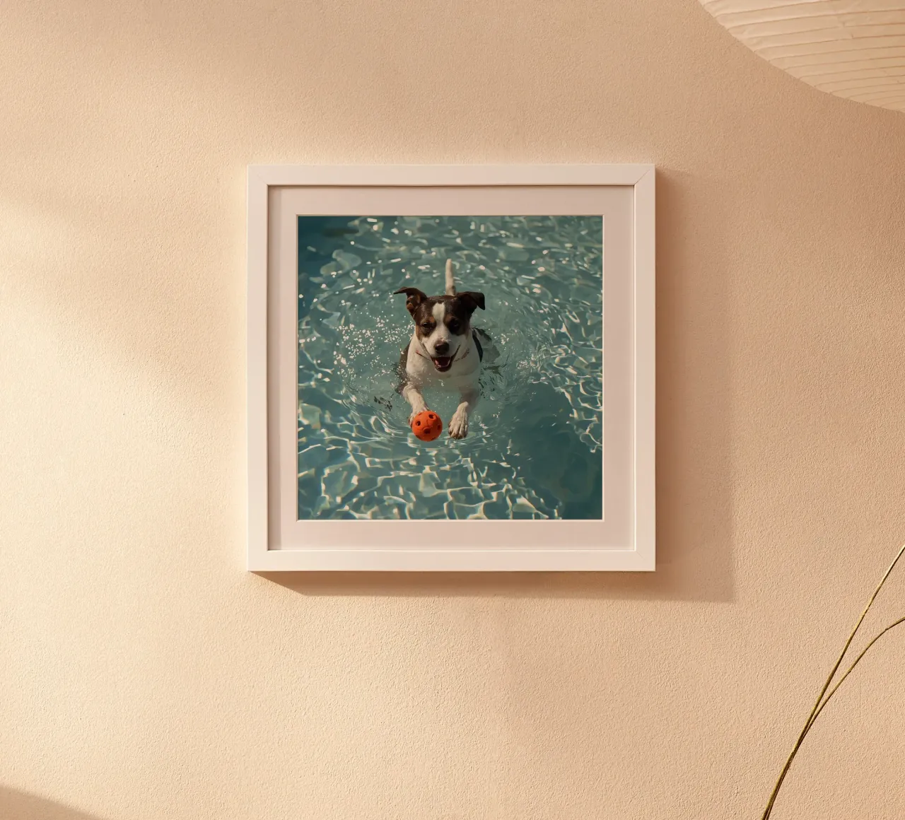 Chien nageant dans une piscine avec une balle orange poster avec cadre en plastique de DesignDoodle