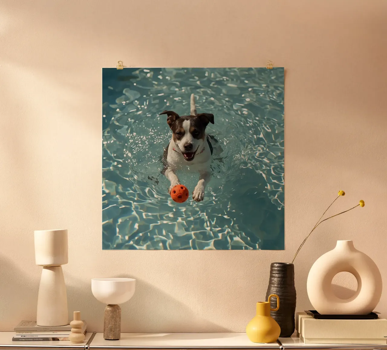 Chien nageant dans une piscine avec une balle orange poster avec cadre en plastique de DesignDoodle