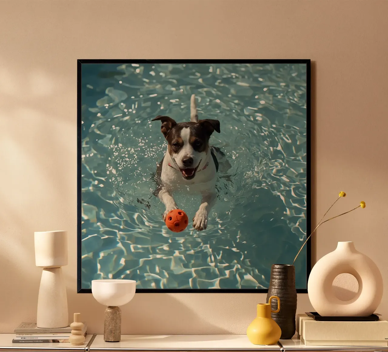 Chien nageant dans une piscine avec une balle orange poster avec cadre en plastique de DesignDoodle