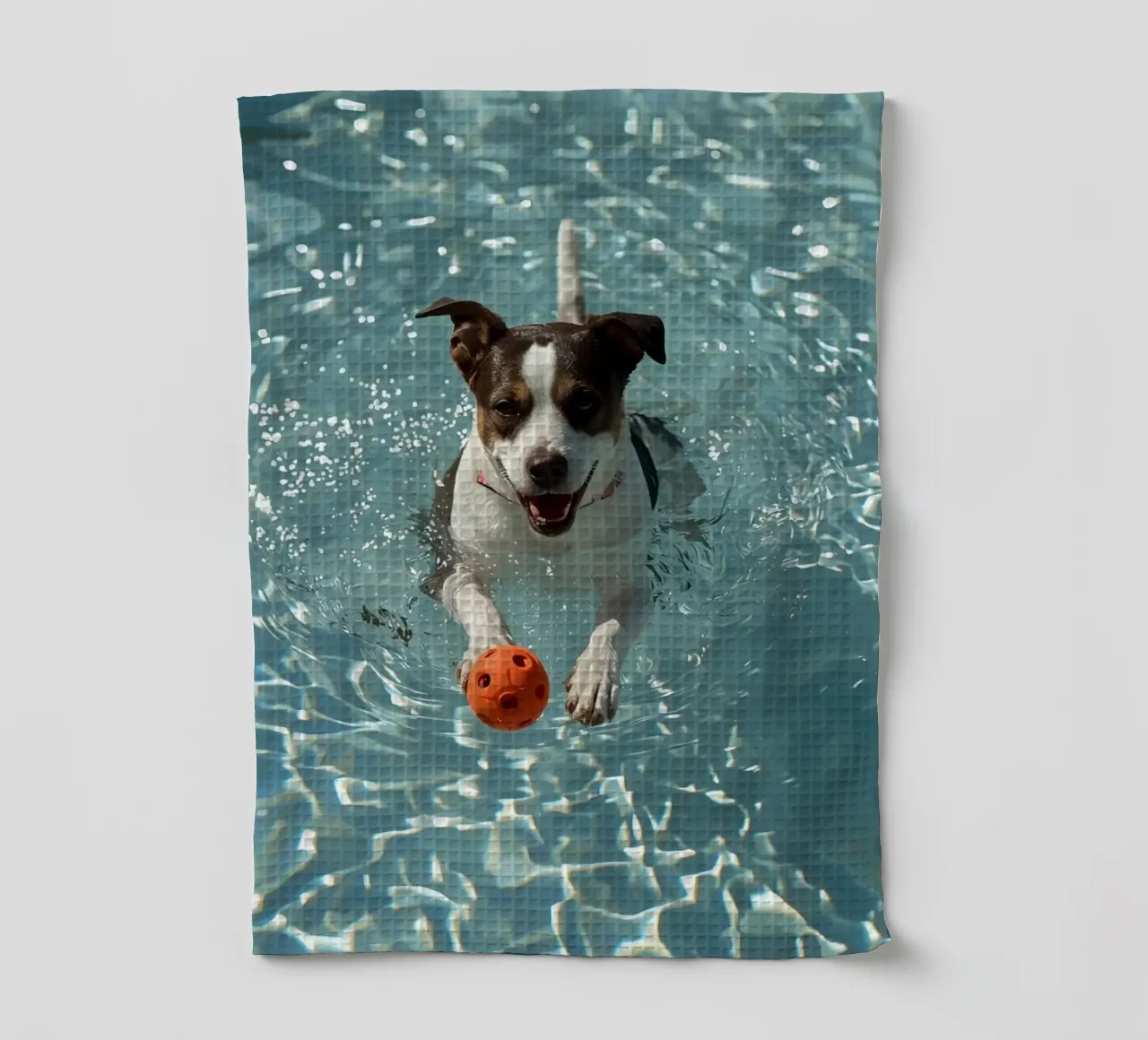 Chien nageant dans une piscine avec une balle orange torchon de DesignDoodle