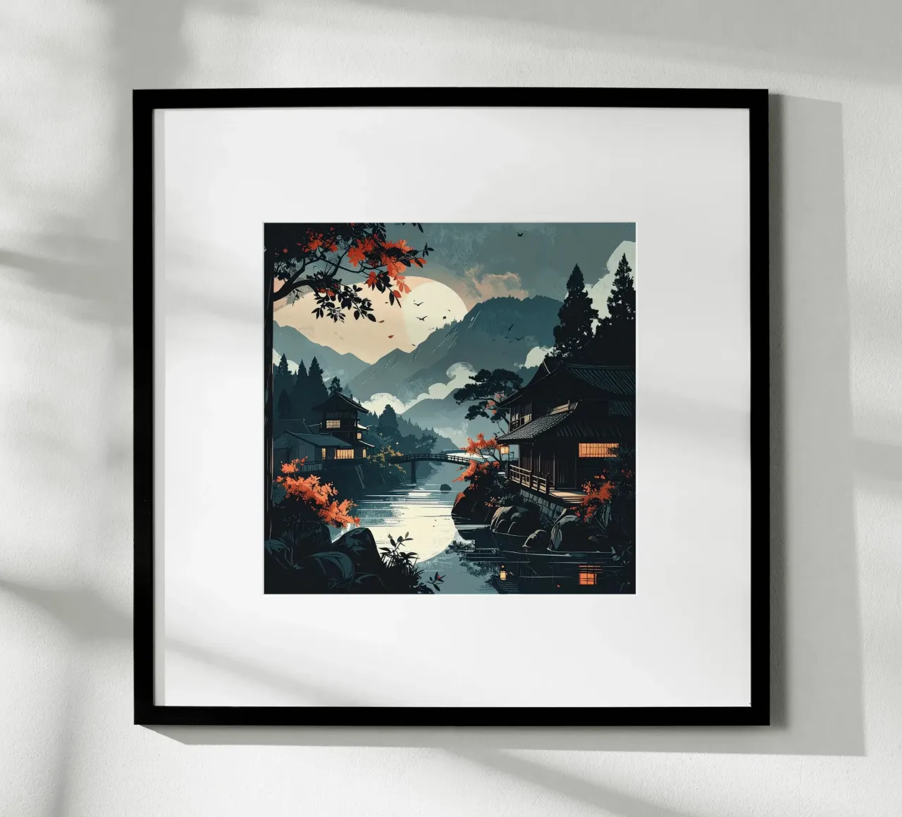 Paesaggio notturno in Giappone poster con telaio in alluminio da pixel