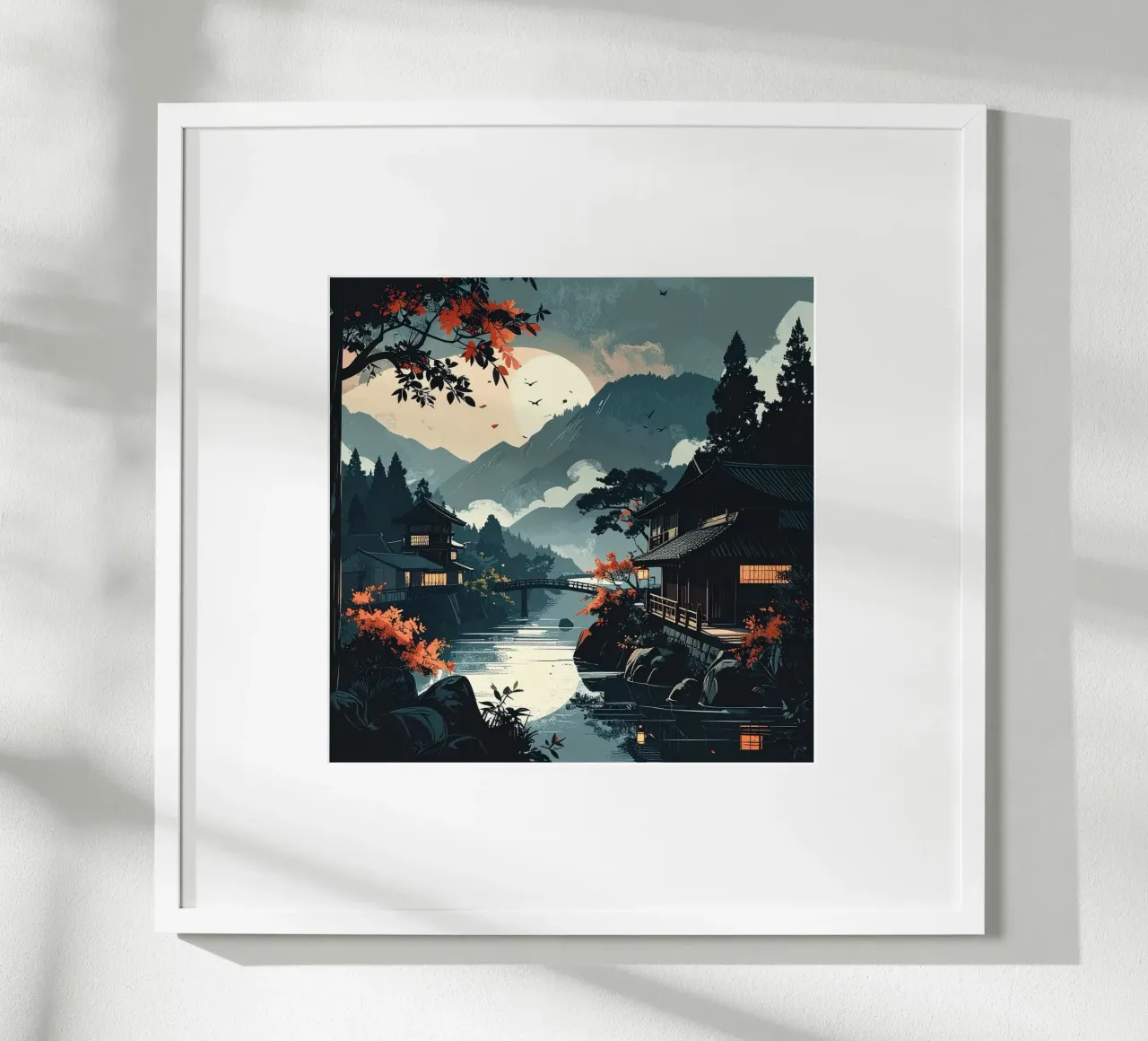 Paesaggio notturno in Giappone poster con telaio in alluminio da pixel