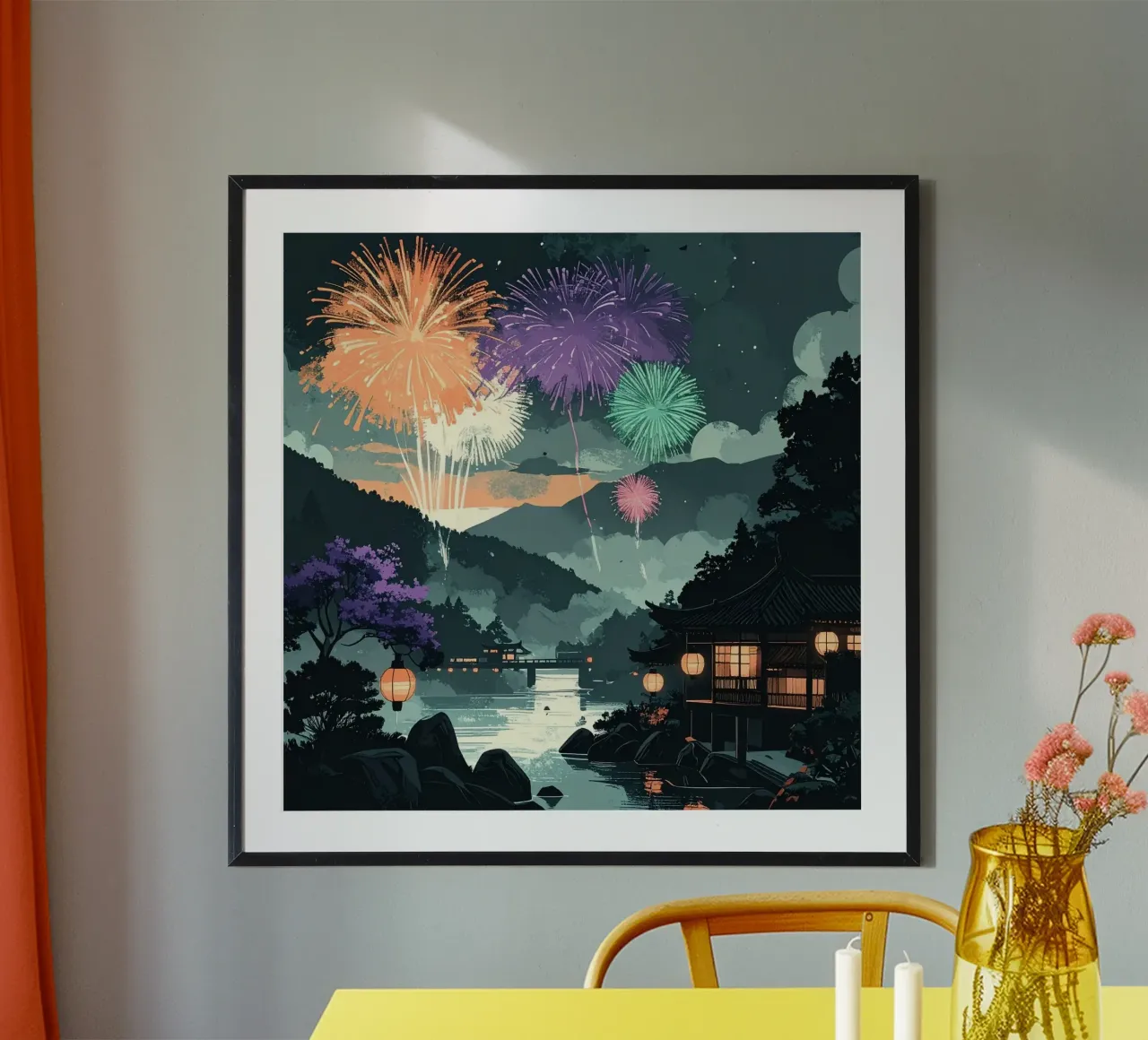 Festa notturna in Giappone poster con telaio in alluminio da pixel