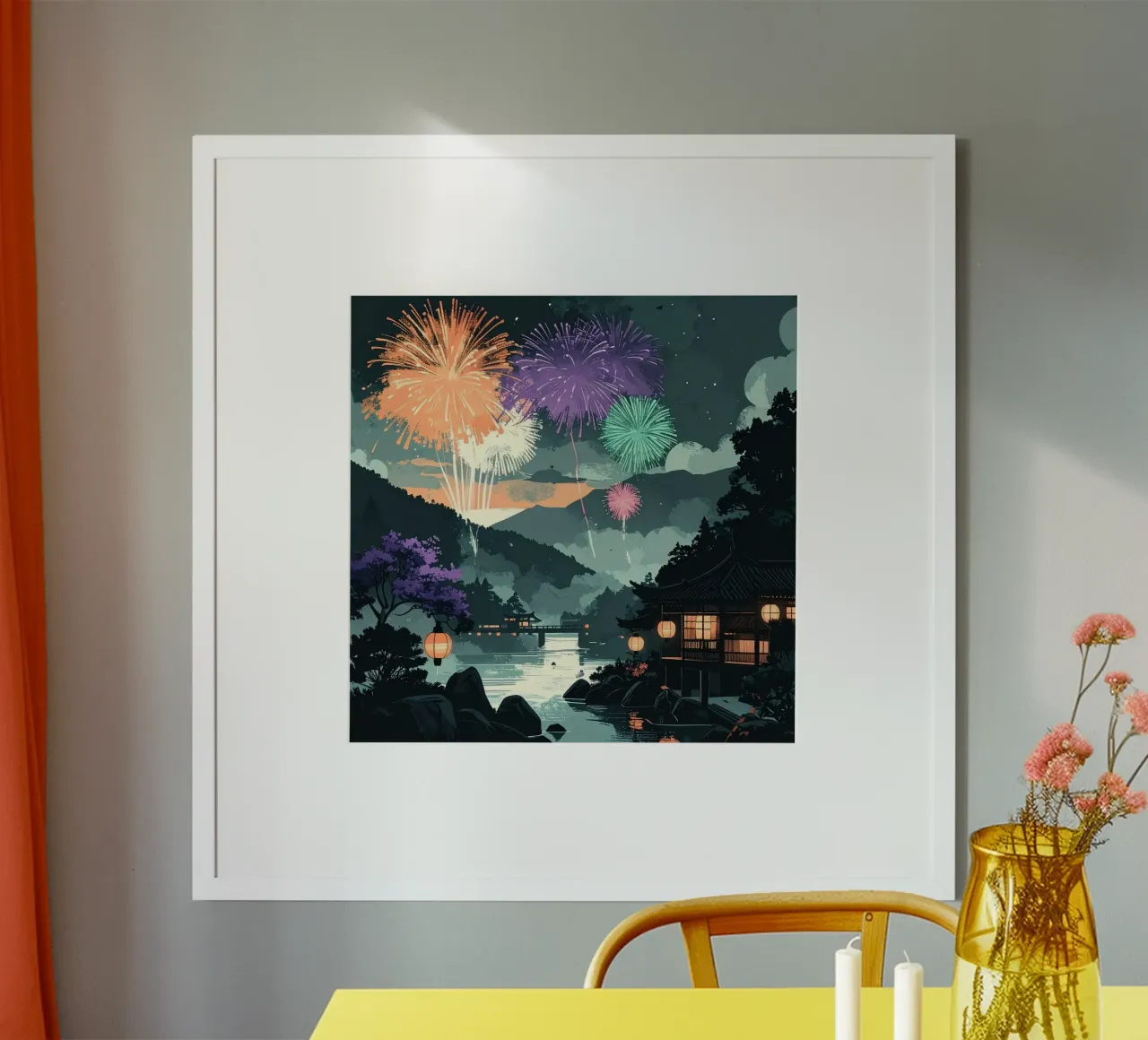 Festa notturna in Giappone poster con telaio in alluminio da pixel