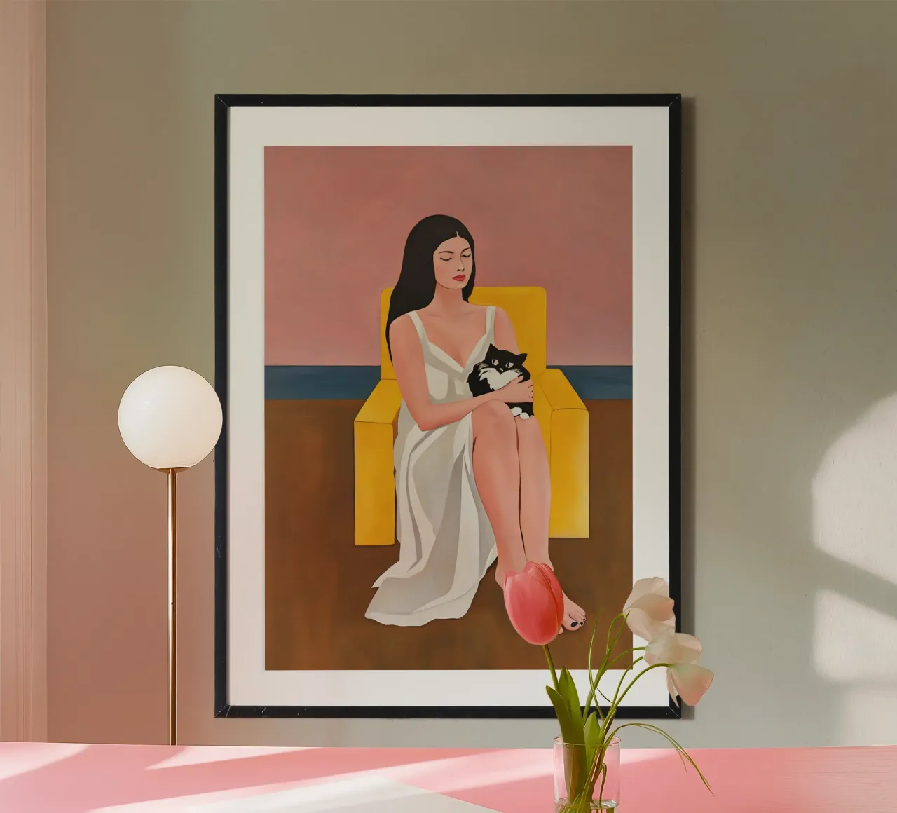 Minimalist Woman with Cat in Yellow Chair, Modern Figurative Poster von Hecate Pim Designs