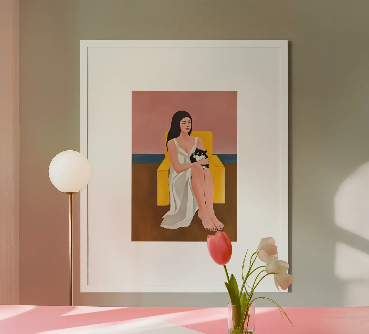 Minimalist Woman with Cat in Yellow Chair, Modern Figurative Poster von Hecate Pim Designs