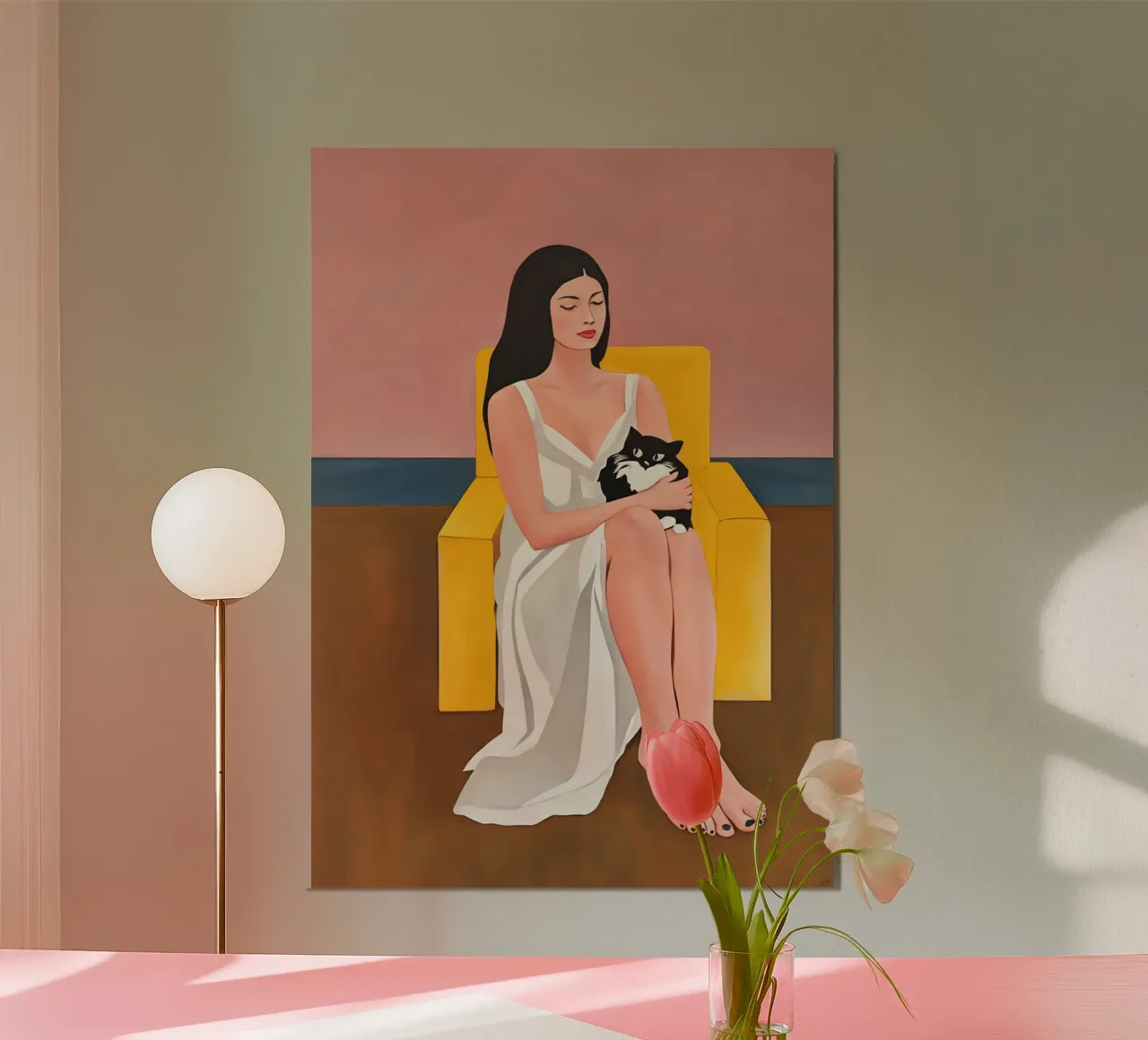 Minimalist Woman with Cat in Yellow Chair, Modern Figurative Poster von Hecate Pim Designs