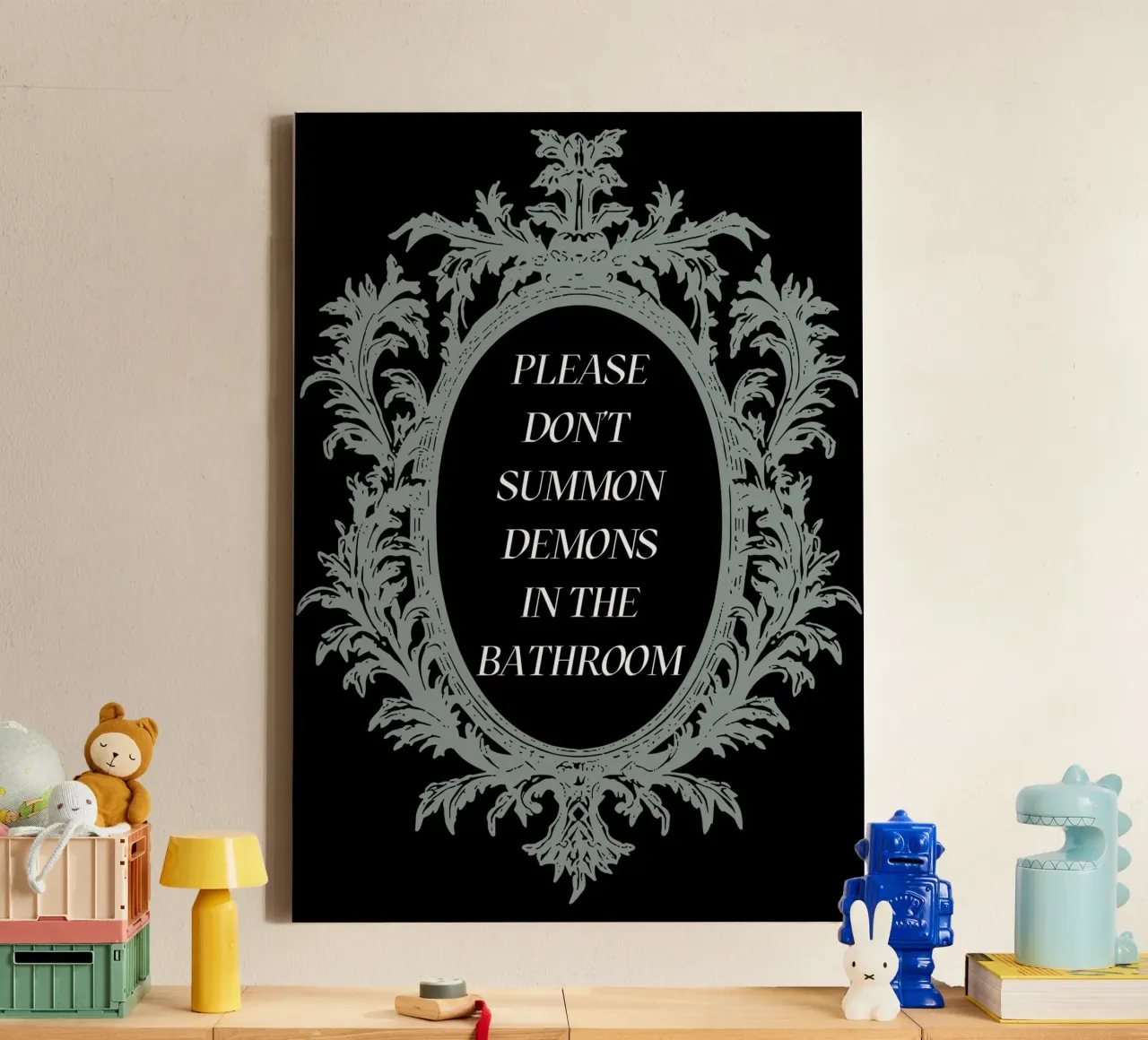 Don't Summon Demons Bathroom Sign tela con Cornice a cassetta da ramosashop