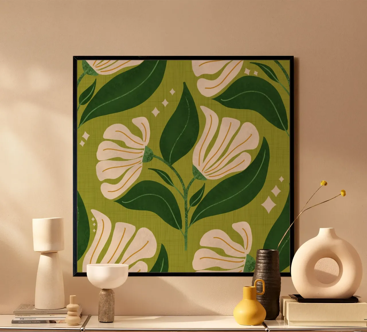 Fiori crema retrò anni '70 - Verde avocado poster con telaio in alluminio da susanacosta