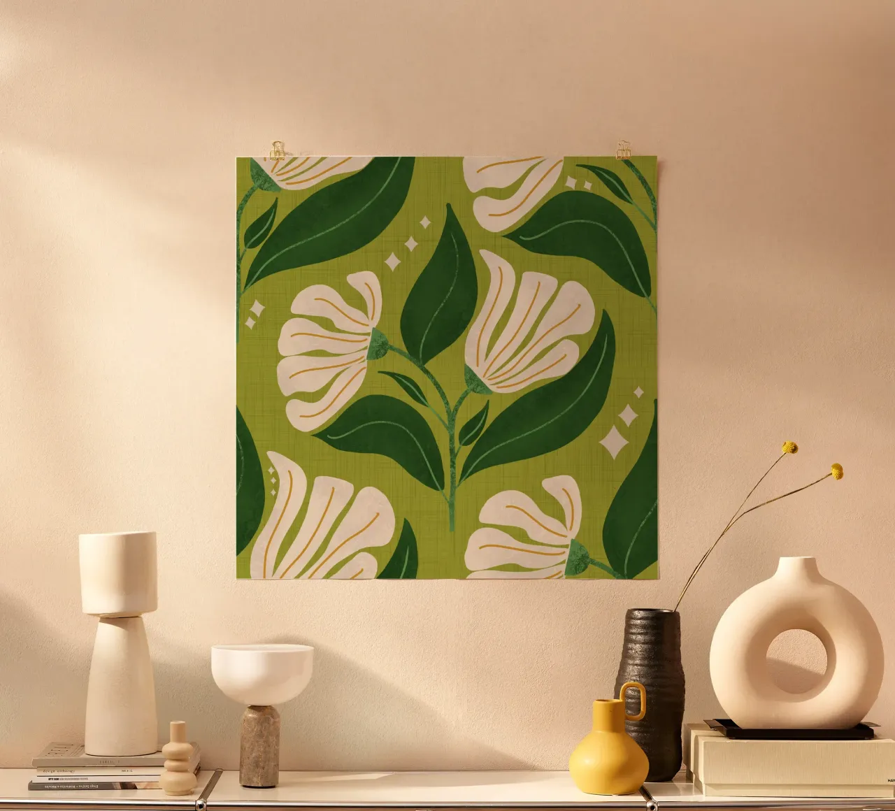 Fiori crema retrò anni '70 - Verde avocado poster con telaio in alluminio da susanacosta