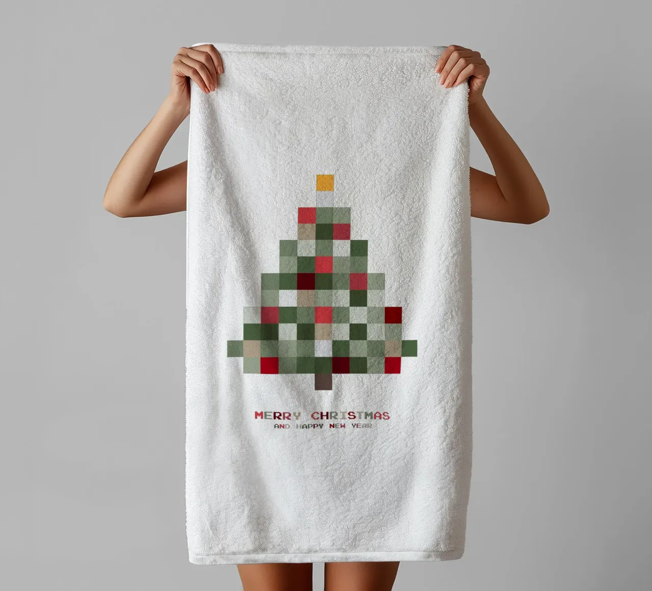 Feliz Navidad - Árbol de Navidad píxel toalla de baño de Black Sign Artwork