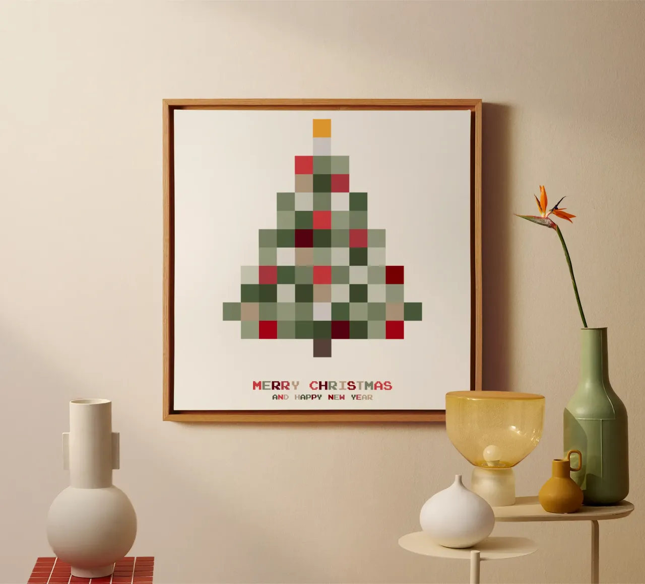 Vrolijk kerstfeest - Kerstboom pixel canvas met Baklijst van Black Sign Artwork