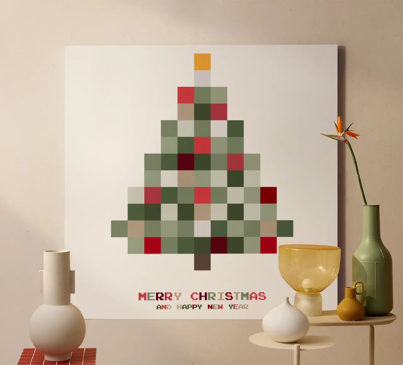 Vrolijk kerstfeest - Kerstboom pixel canvas met Baklijst van Black Sign Artwork