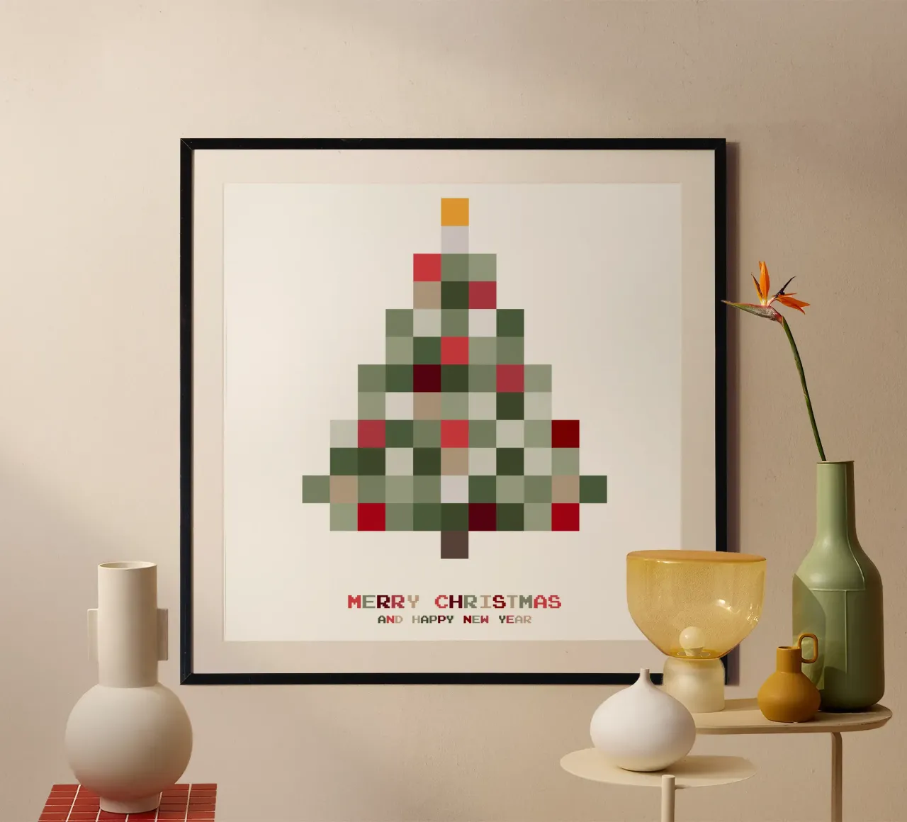 Buon Natale - pixel dell'albero di Natale poster con telaio in plastica da Black Sign Artwork