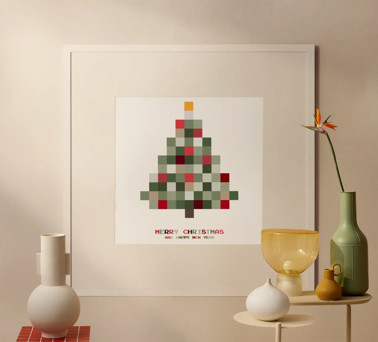 Buon Natale - pixel dell'albero di Natale poster con telaio in plastica da Black Sign Artwork