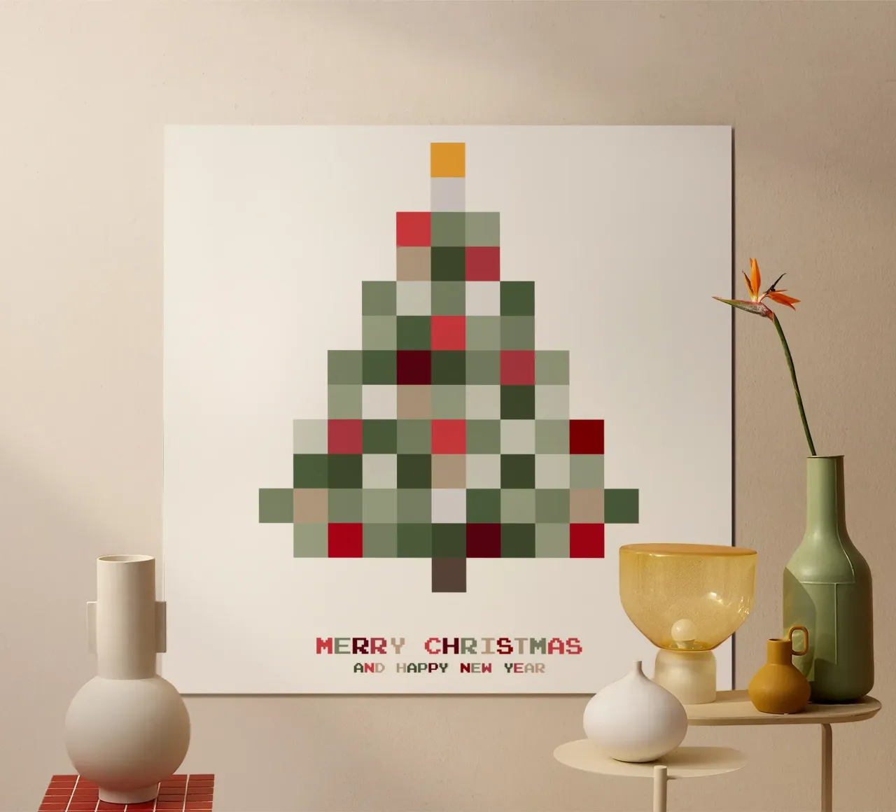 Buon Natale - pixel dell'albero di Natale poster con telaio in plastica da Black Sign Artwork
