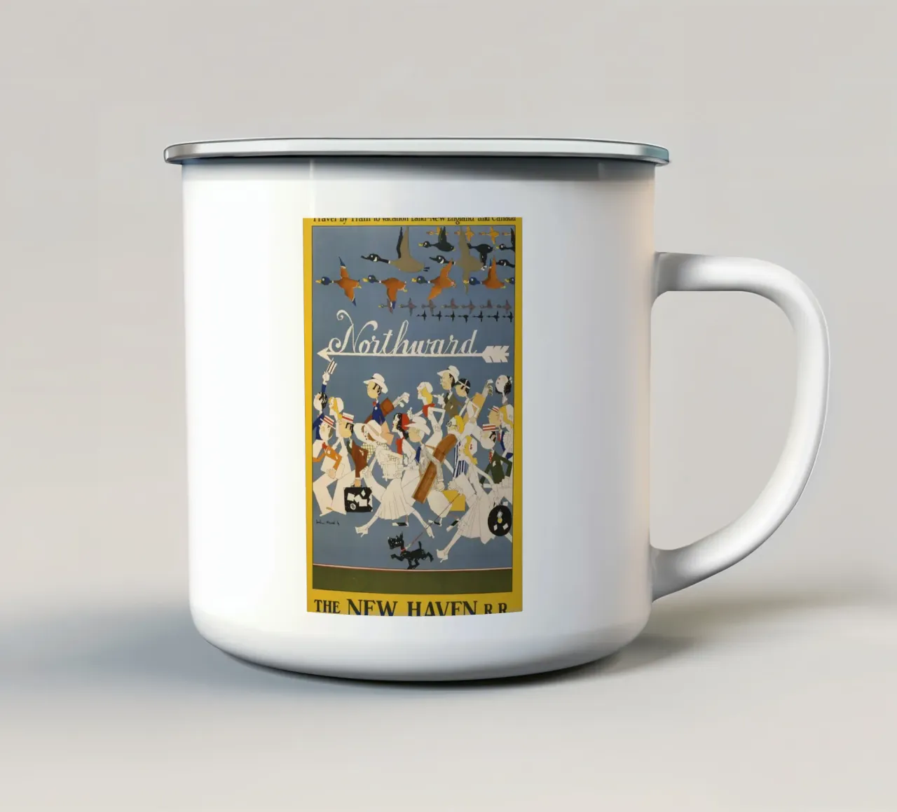 Poster della New Haven R.R., viaggio nel New England, treno d'epoca tazza in smalto da homdeco