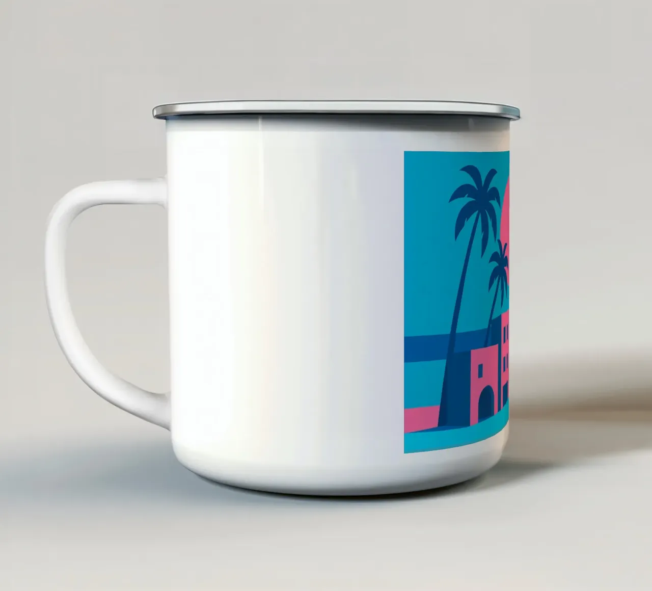 Venice Beach Pop - Palmieri e palazzi in rosa tazza in smalto da JETLAG | affiches voyage