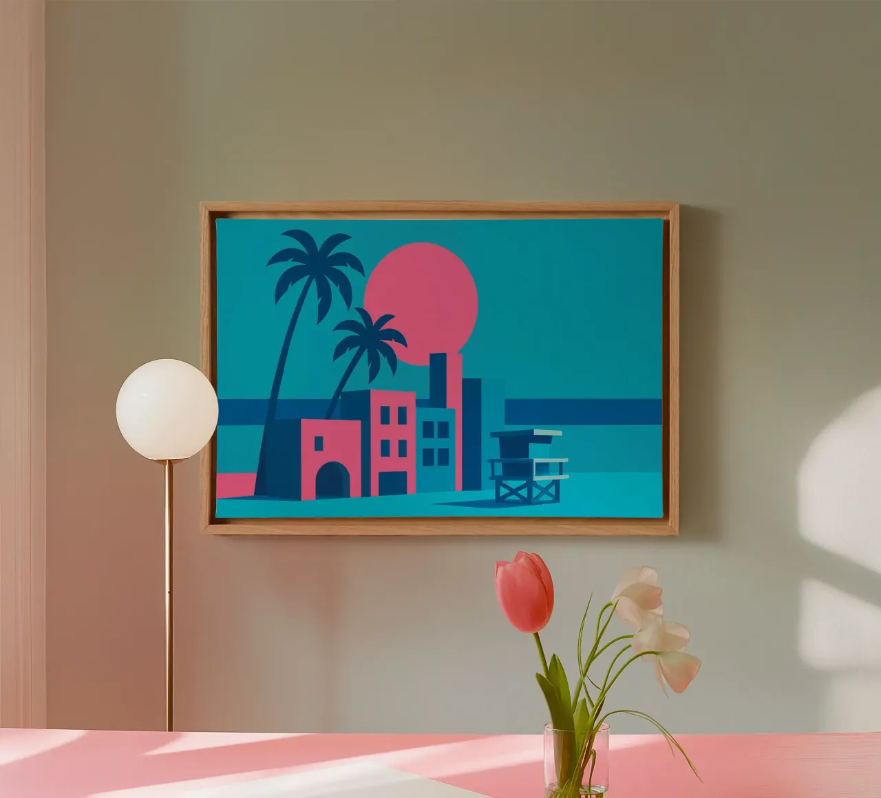 Venice Beach Pop - Palmieri e palazzi in rosa tela con Cornice a cassetta da JETLAG | affiches voyage
