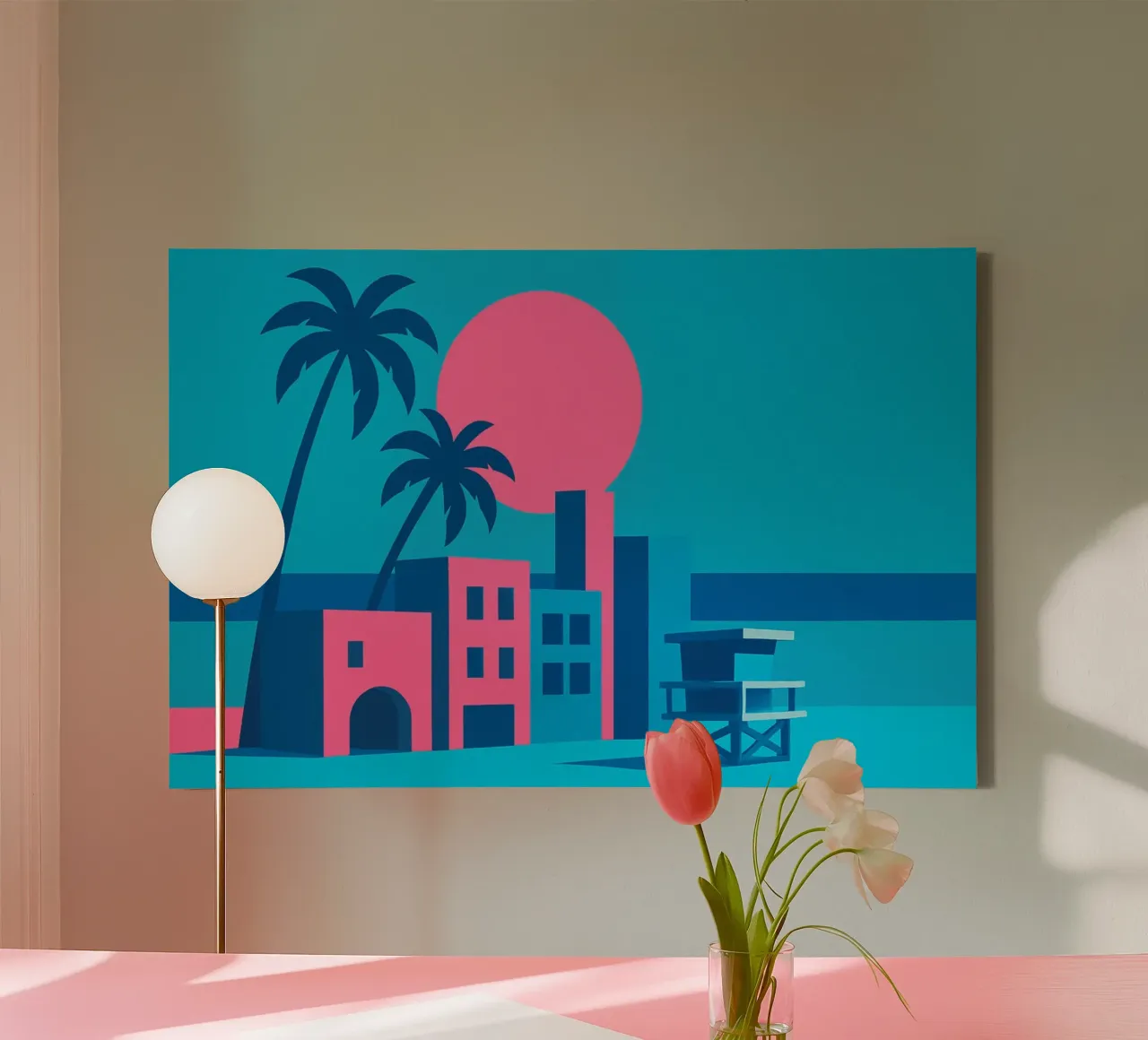 Venice Beach Pop - Palmieri e palazzi in rosa tela con Cornice a cassetta da JETLAG | affiches voyage
