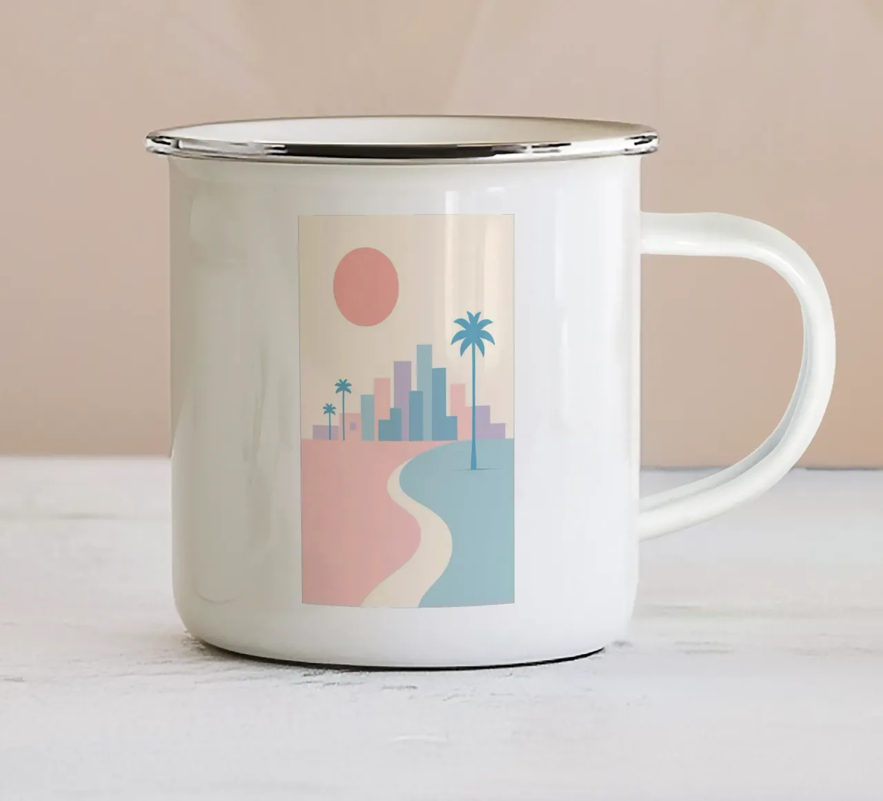 Costa pastello della California - Palmieri, edifici e spiagge minime tazza in smalto da JETLAG | affiches voyage