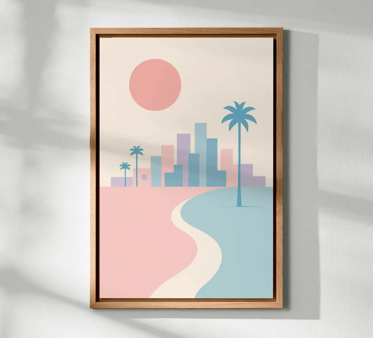 Costa pastello della California - Palmieri, edifici e spiagge minime tela con Cornice a cassetta da JETLAG | affiches voyage