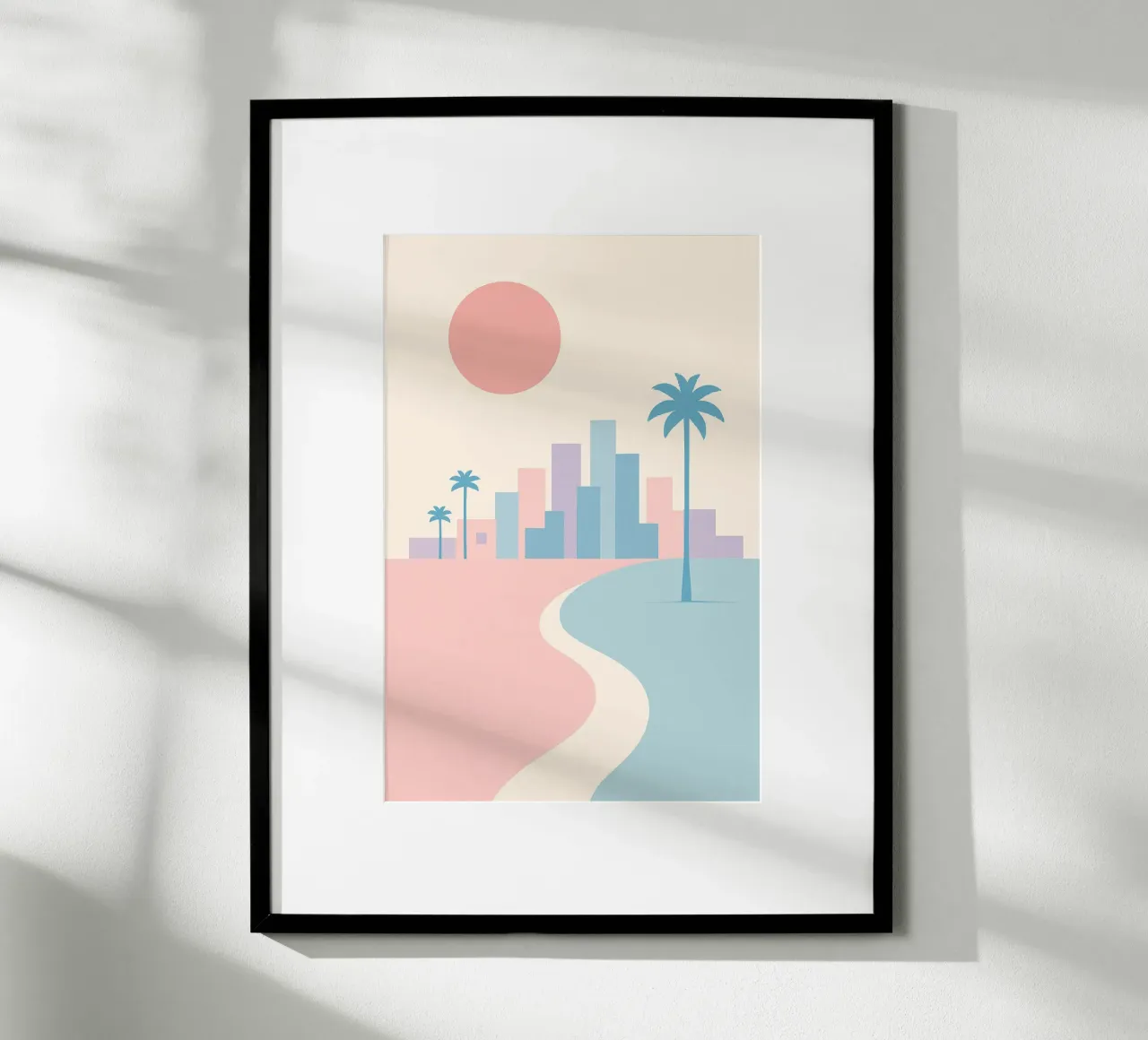 Costa pastello della California - Palmieri, edifici e spiagge minime poster con telaio in legno da JETLAG | affiches voyage