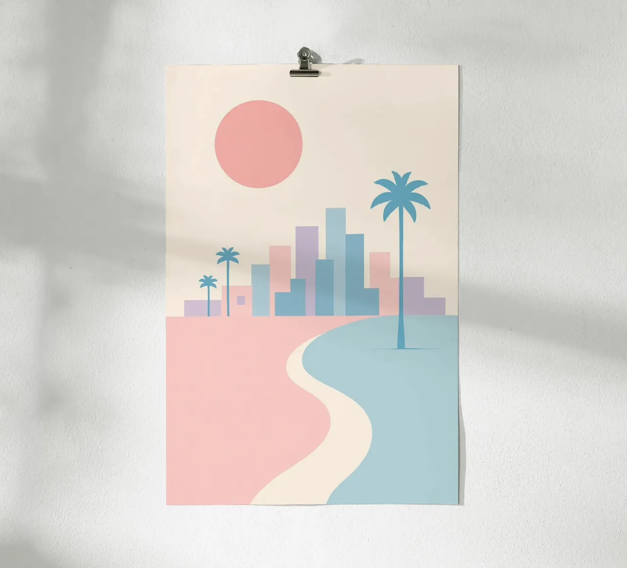 Costa pastello della California - Palmieri, edifici e spiagge minime poster con telaio in legno da JETLAG | affiches voyage