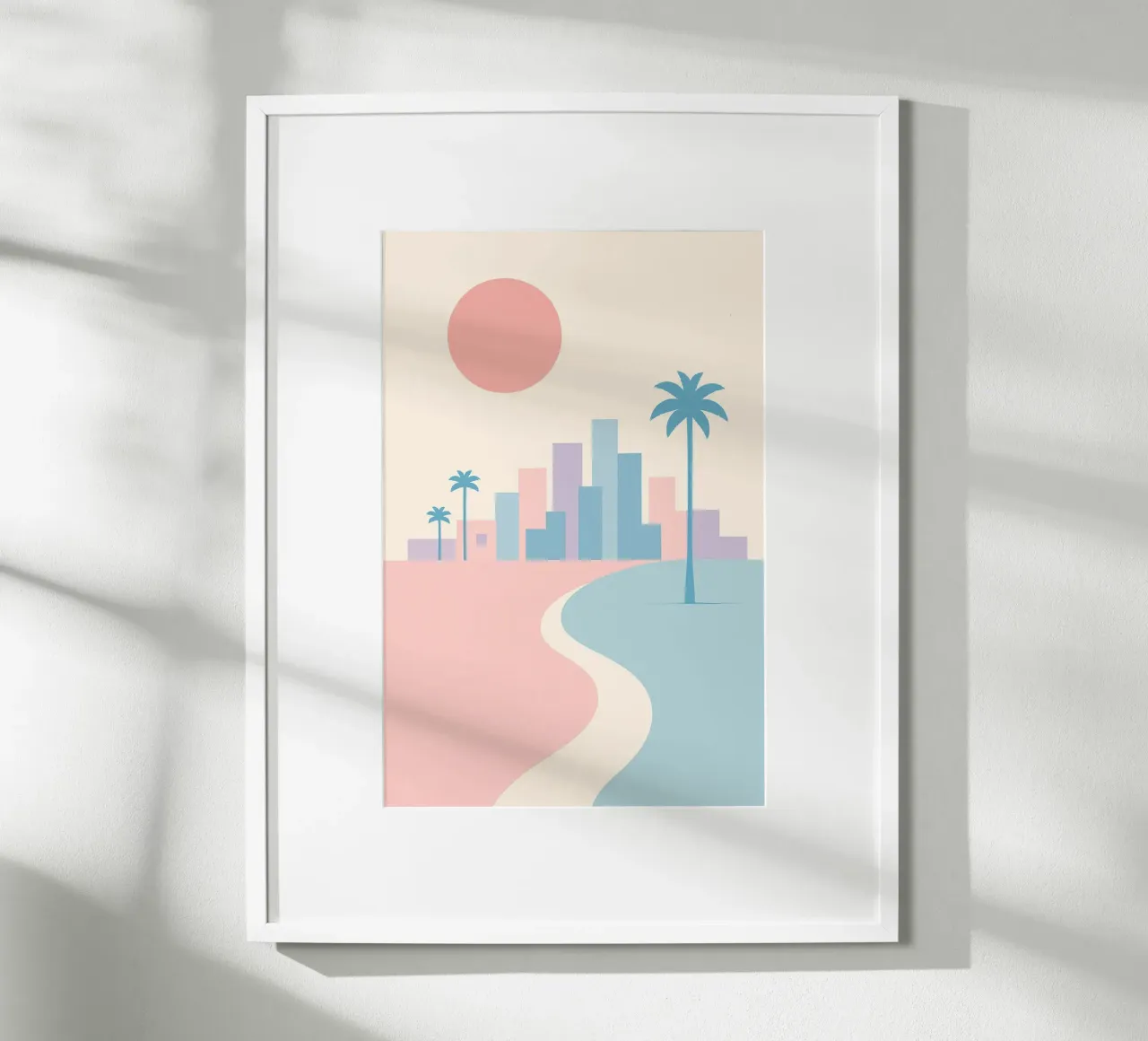 Costa pastello della California - Palmieri, edifici e spiagge minime poster con telaio in legno da JETLAG | affiches voyage