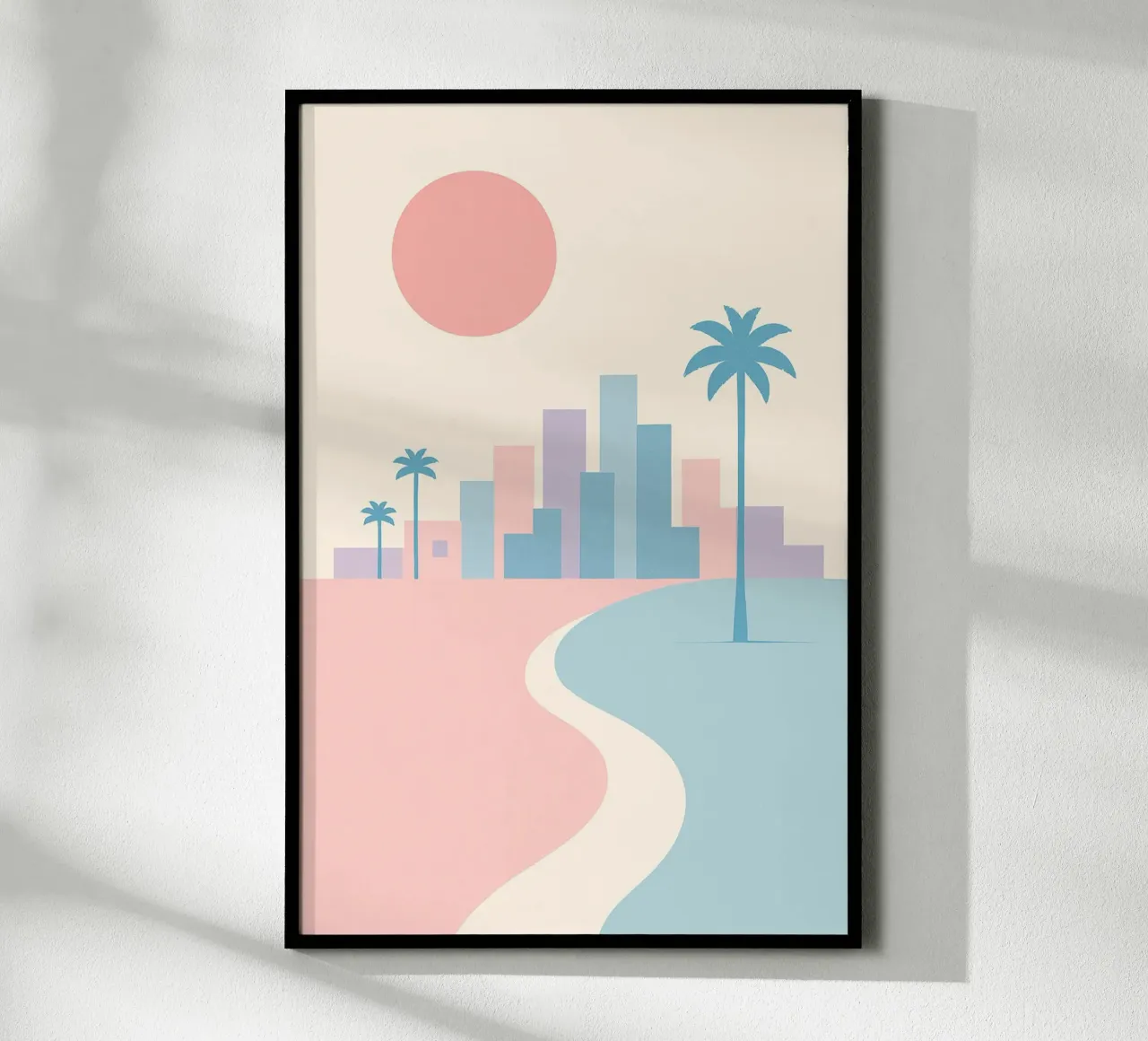 Costa pastello della California - Palmieri, edifici e spiagge minime poster con telaio in legno da JETLAG | affiches voyage