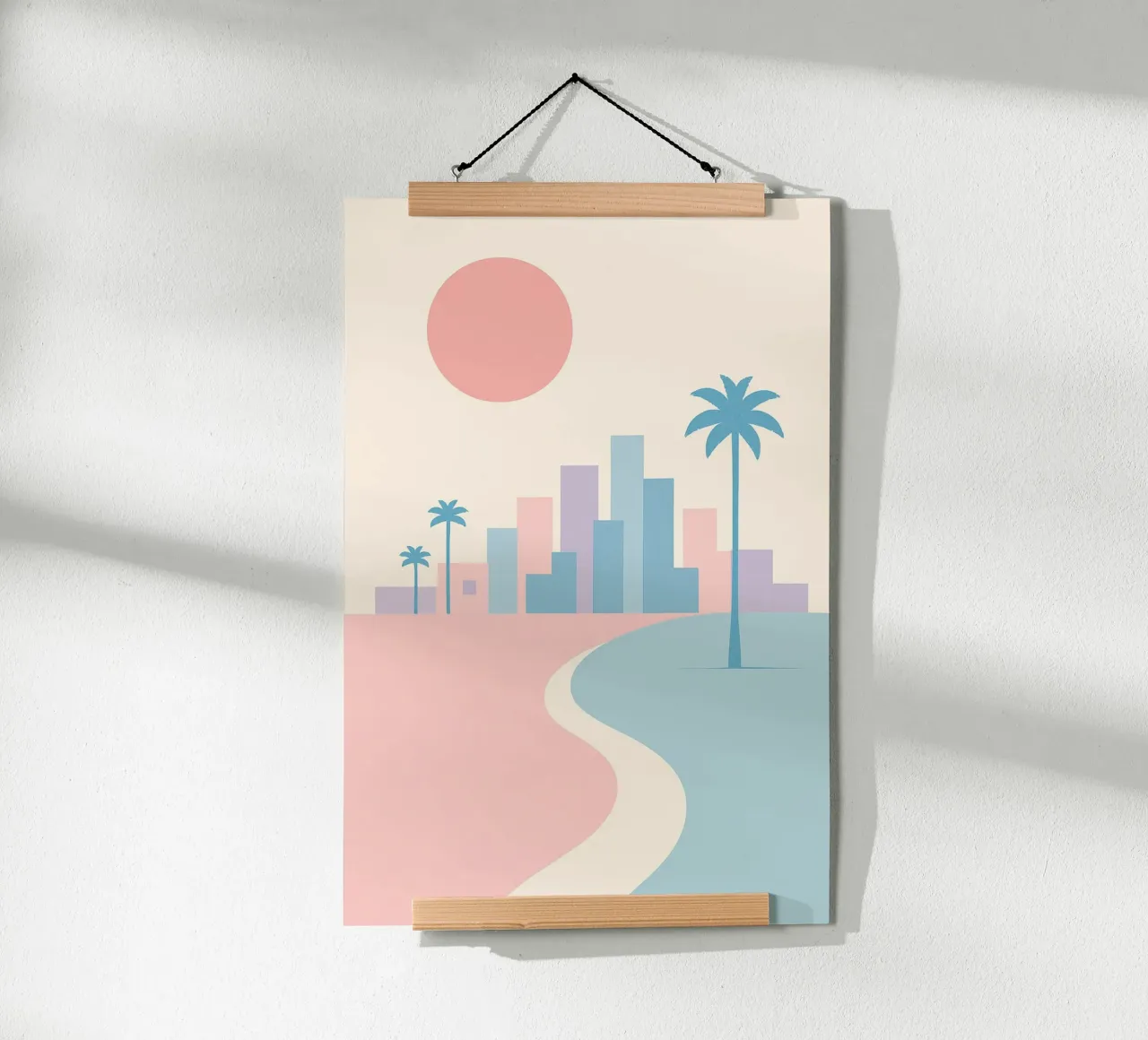 Costa pastello della California - Palmieri, edifici e spiagge minime poster con telaio in legno da JETLAG | affiches voyage