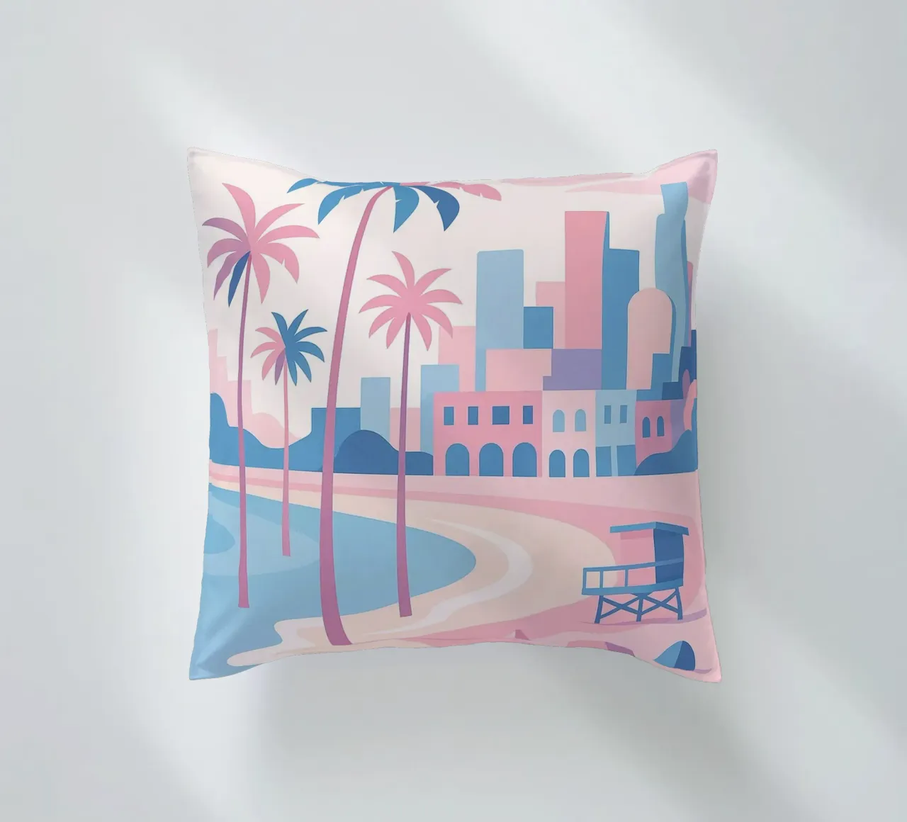 Venice Beach Paradise - Plage pastello e skyline artistico cuscino da JETLAG | affiches voyage