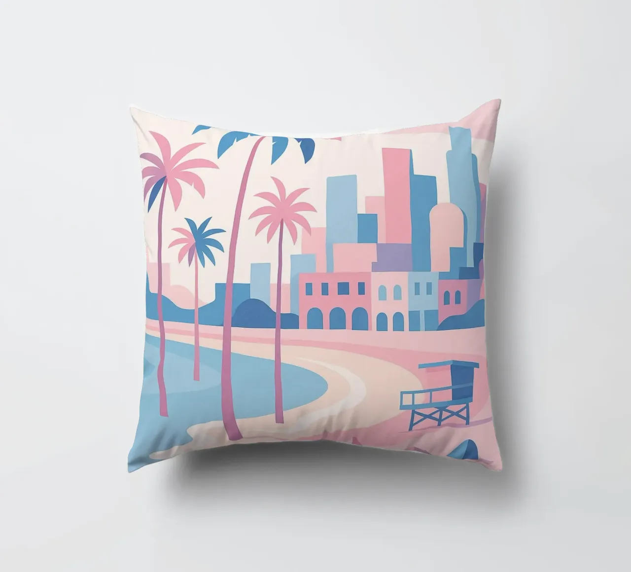 Venice Beach Paradise - Plage pastello e skyline artistico cuscino da JETLAG | affiches voyage