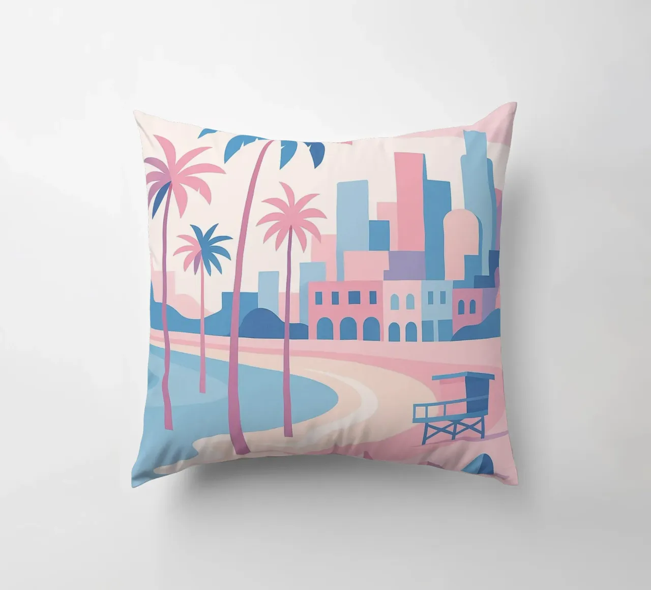 Venice Beach Paradise - Plage pastello e skyline artistico cuscino da JETLAG | affiches voyage