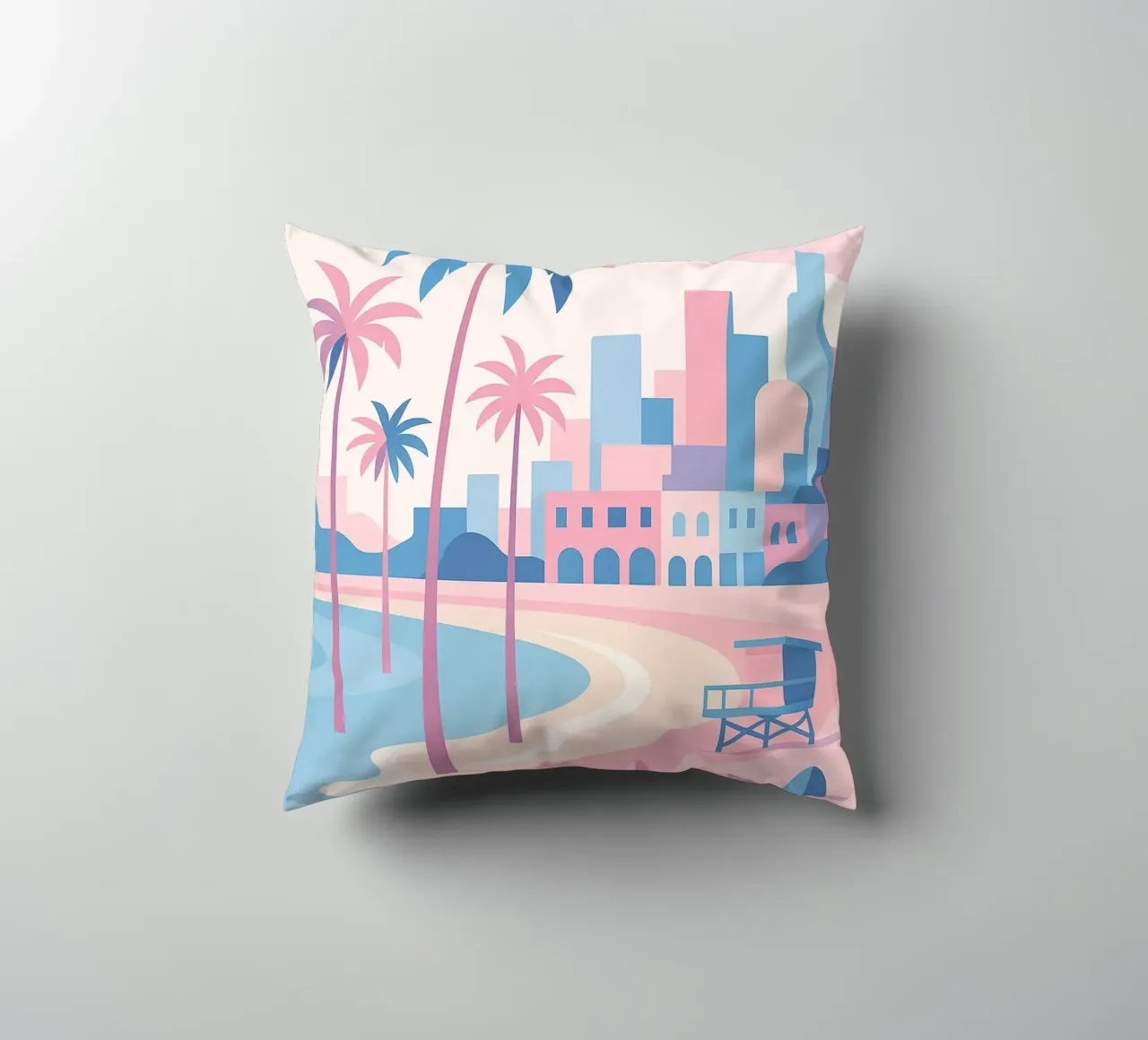 Venice Beach Paradise - Plage pastello e skyline artistico cuscino da JETLAG | affiches voyage