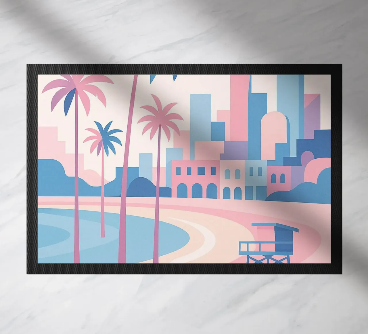Venice Beach Paradise - Plage pastello e skyline artistico zerbino da JETLAG | affiches voyage