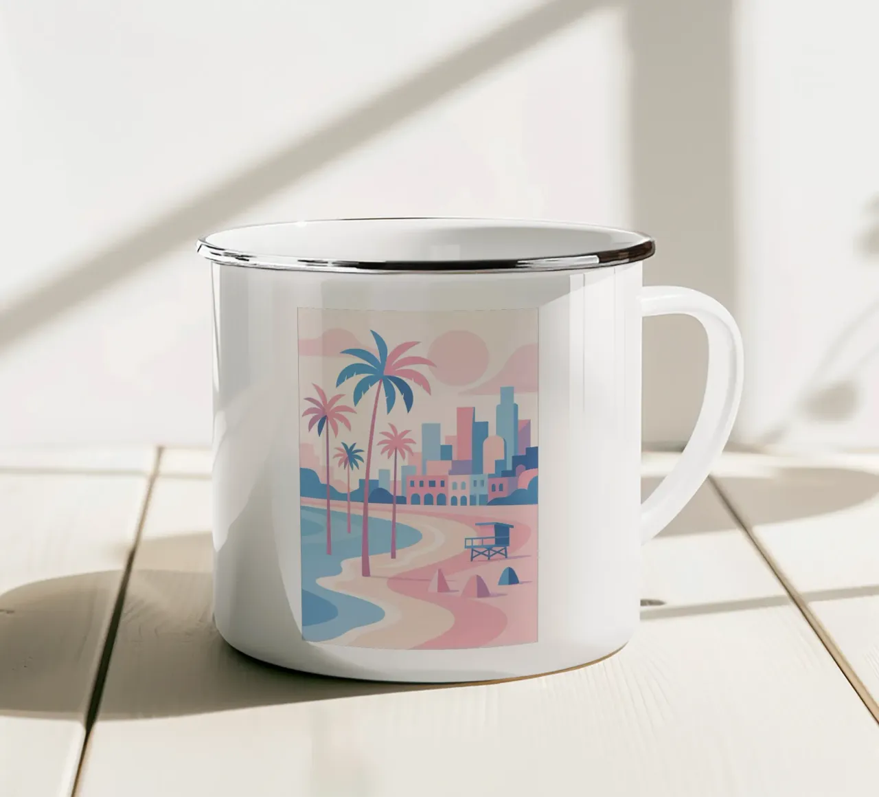 Venice Beach Paradise - Plage pastello e skyline artistico tazza in smalto da JETLAG | affiches voyage