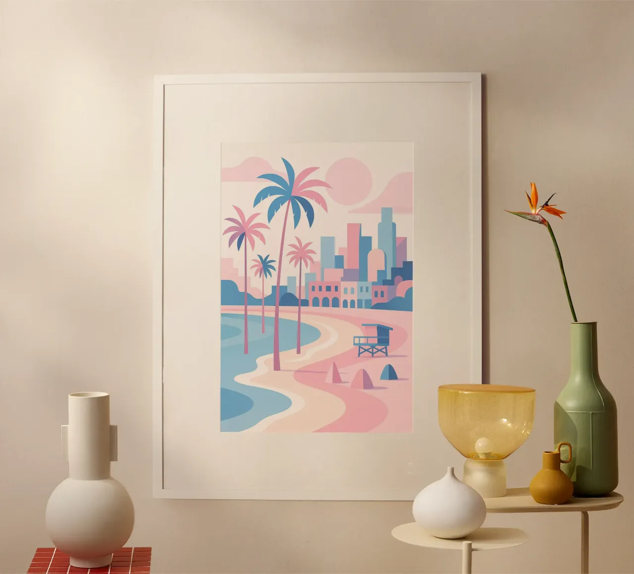 Venice Beach Paradise - Plage pastello e skyline artistico carta hahnemühle da JETLAG | affiches voyage